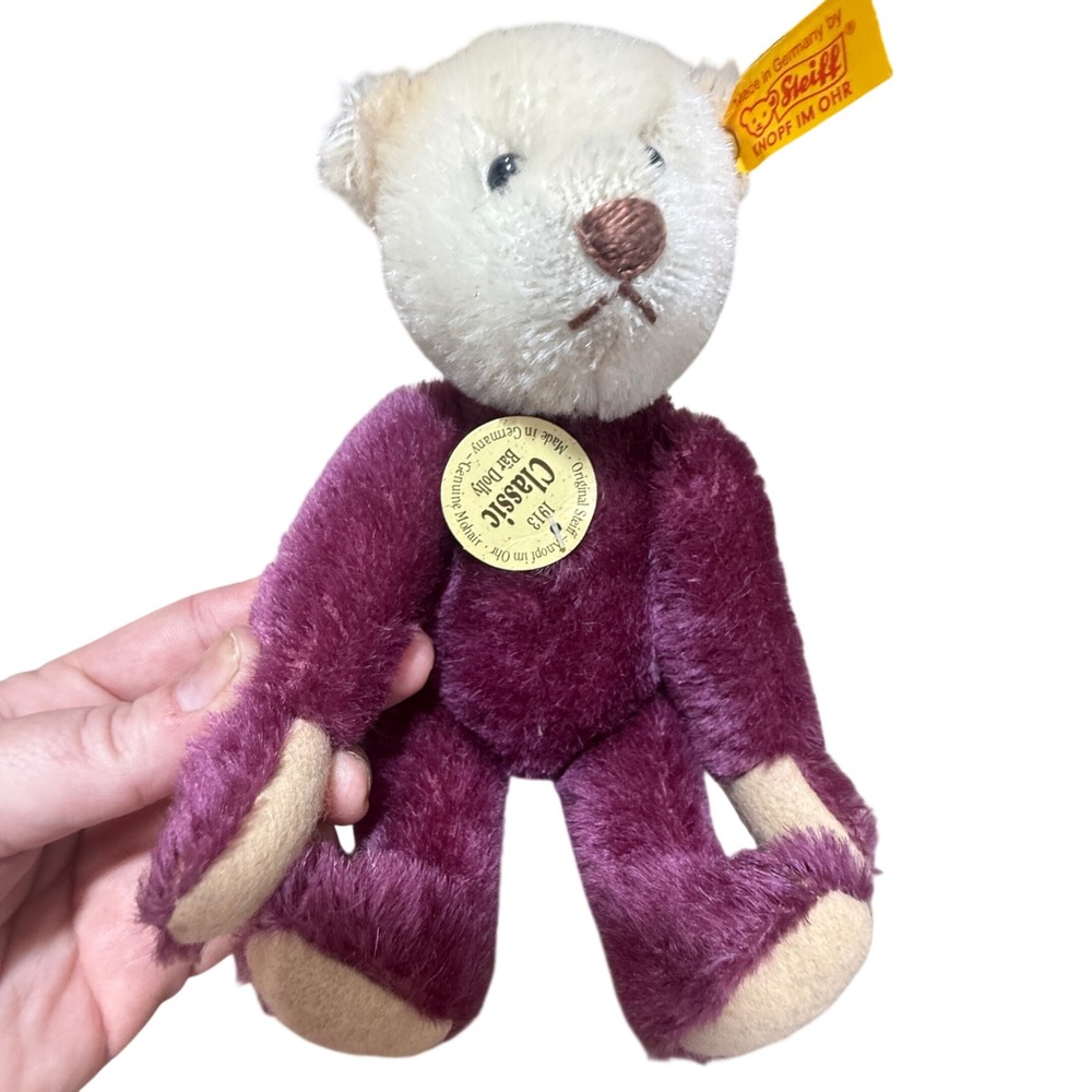 Steiff Classic 1913 Bar Dolly Teddy Bear Purple White Mohair 008401 Germany